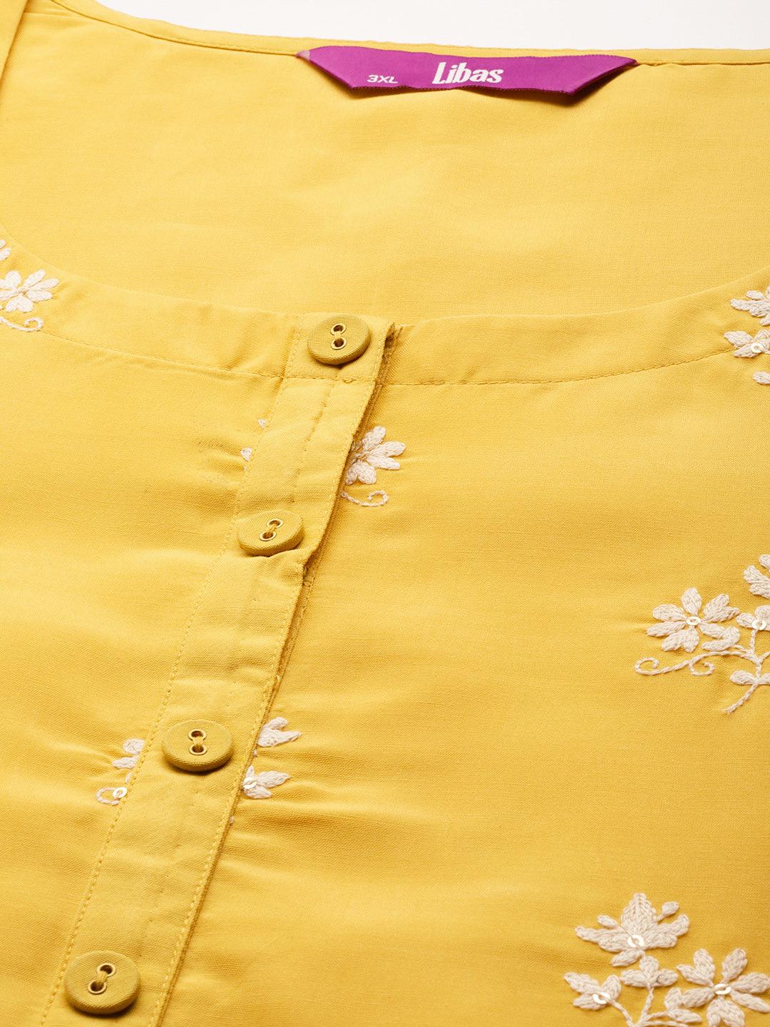 Plus Size Yellow Embroidered Chanderi Silk Kurta - Libas