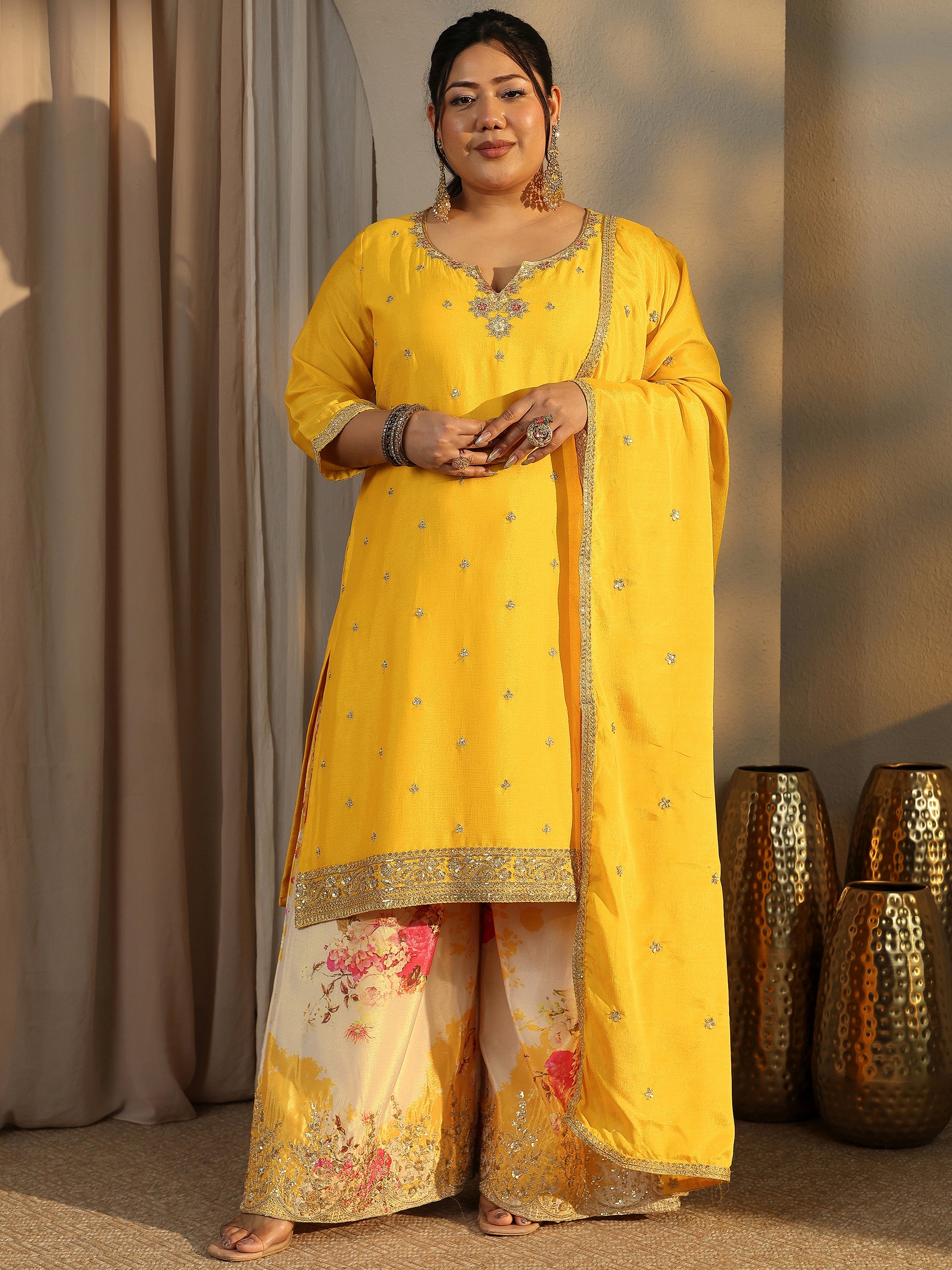 libas Plus Size Yellow Embroidered Chinon Straight Suit Set With Dupatta-picture-30