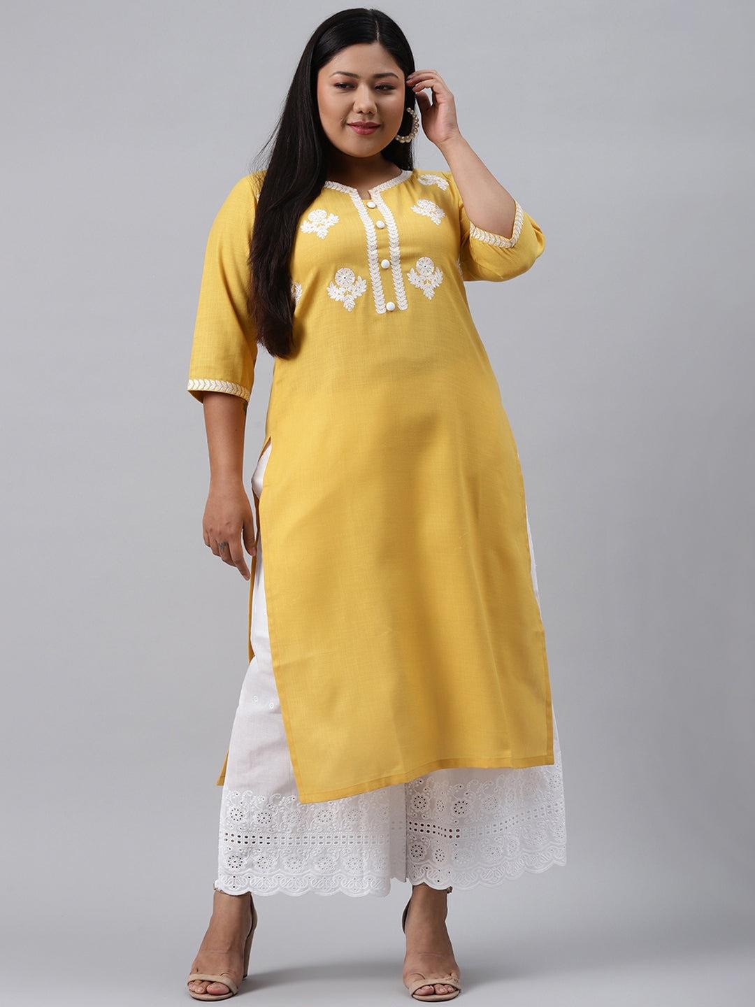 Plus Size Yellow Embroidered Cotton Kurta
