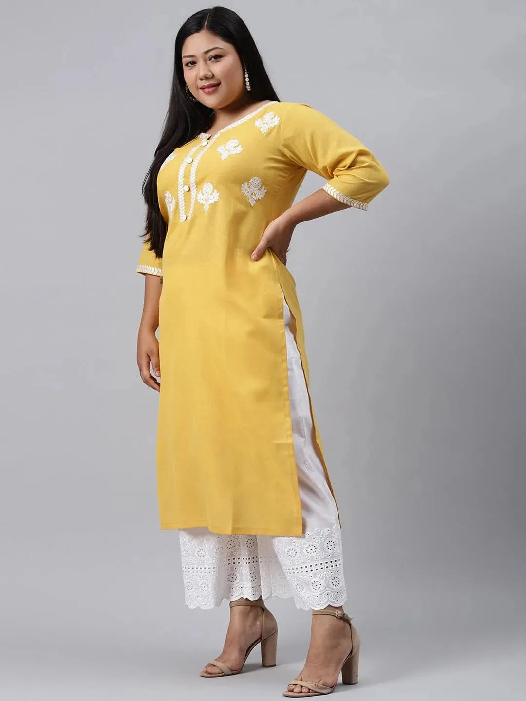 Plus Size Yellow Embroidered Cotton Kurta - Libas