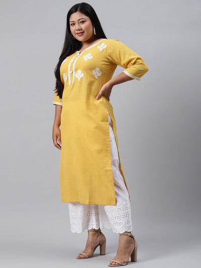 Plus Size Yellow Embroidered Cotton Kurta - Libas