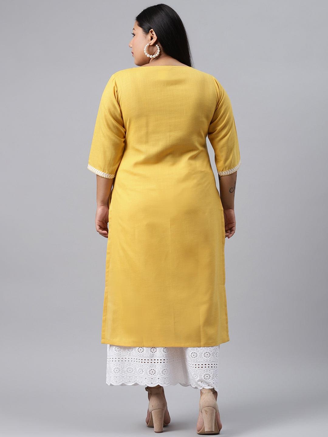 Plus Size Yellow Embroidered Cotton Kurta