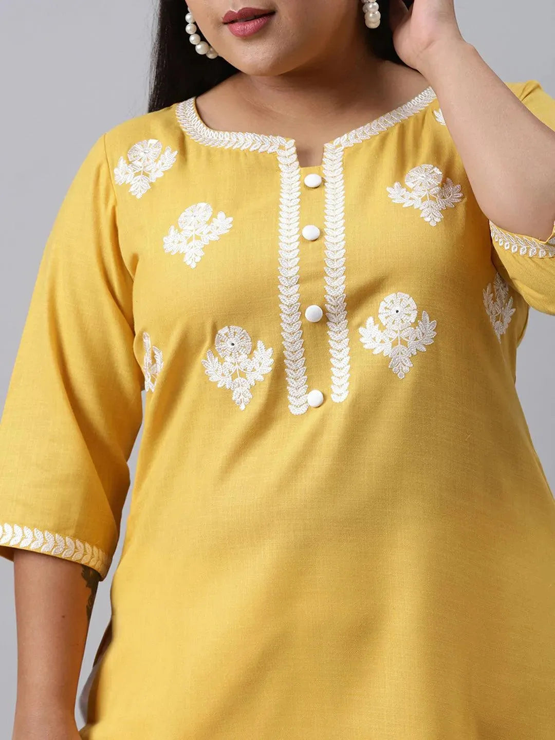 Plus Size Yellow Embroidered Cotton Kurta - Libas