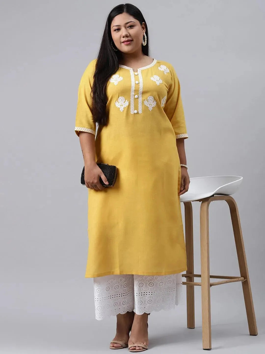 Plus Size Yellow Embroidered Cotton Kurta - Libas