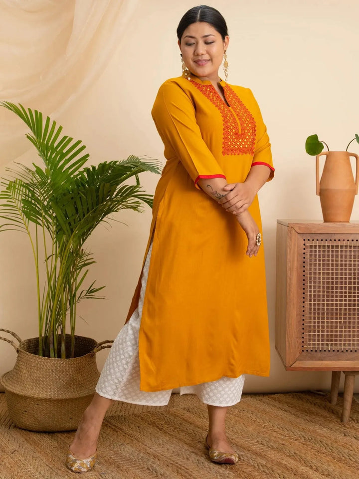 Plus Size Yellow Embroidered Rayon Kurta - Libas