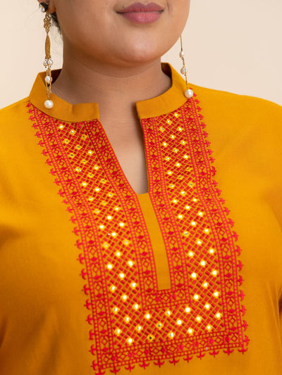 Plus Size Yellow Embroidered Rayon Kurta - Libas