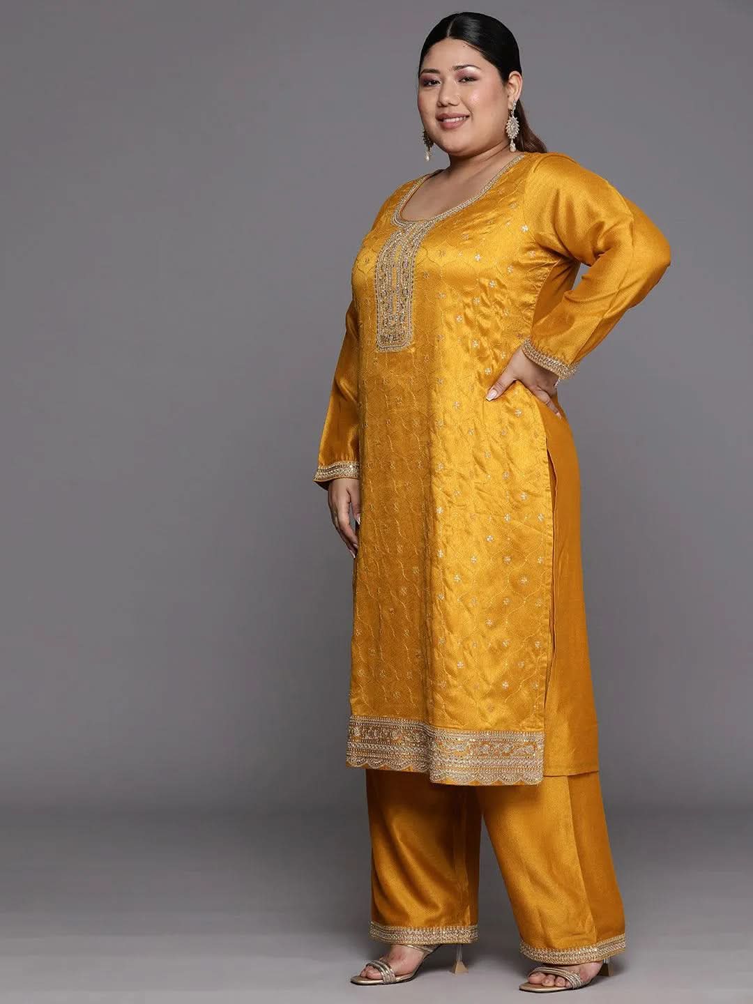 Plus Size Yellow Embroidered Silk Blend Straight Suit Set - Libas 