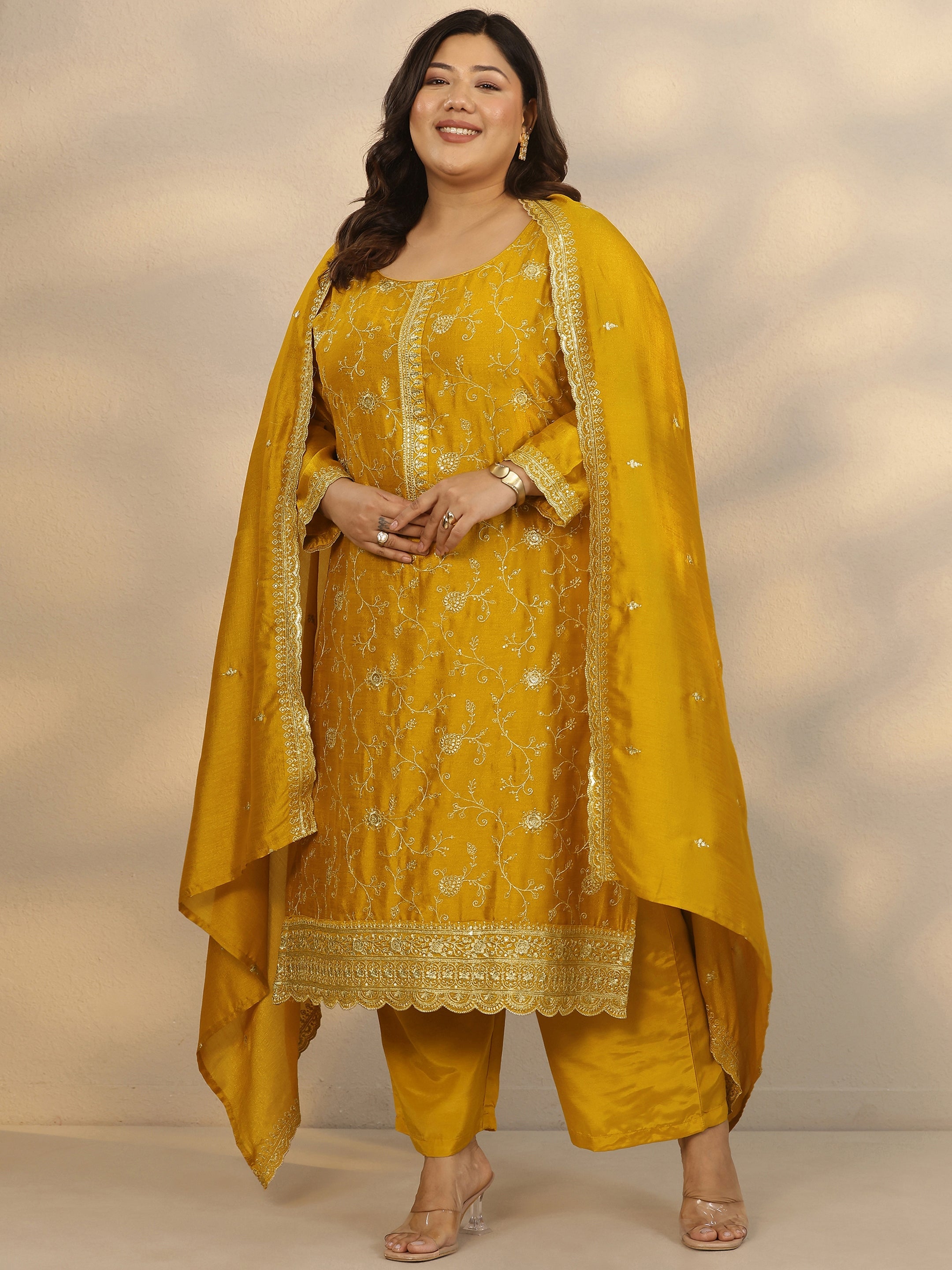 libas Plus Size Yellow Embroidered Silk Blend Straight Suit Set With Dupatta-picture-31