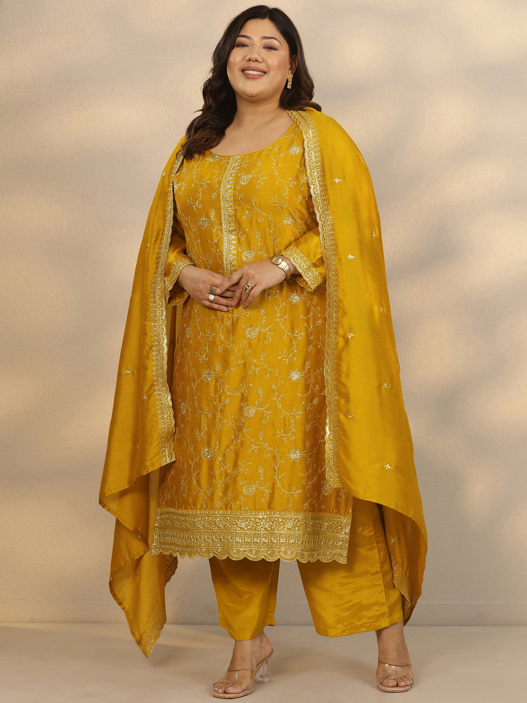 Plus Size Yellow Embroidered Silk Blend Straight Suit Set With Dupatta