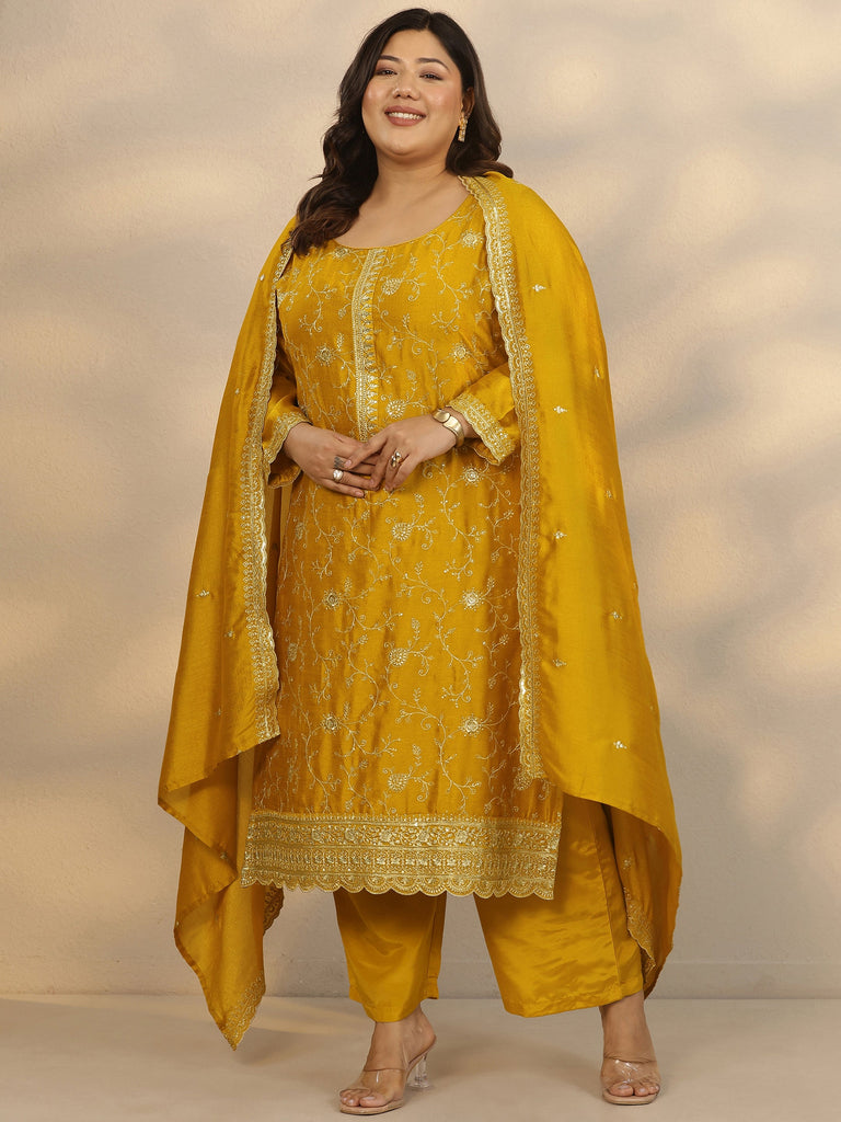 Plus Size Yellow Embroidered Silk Blend Straight Suit Set With Dupatta