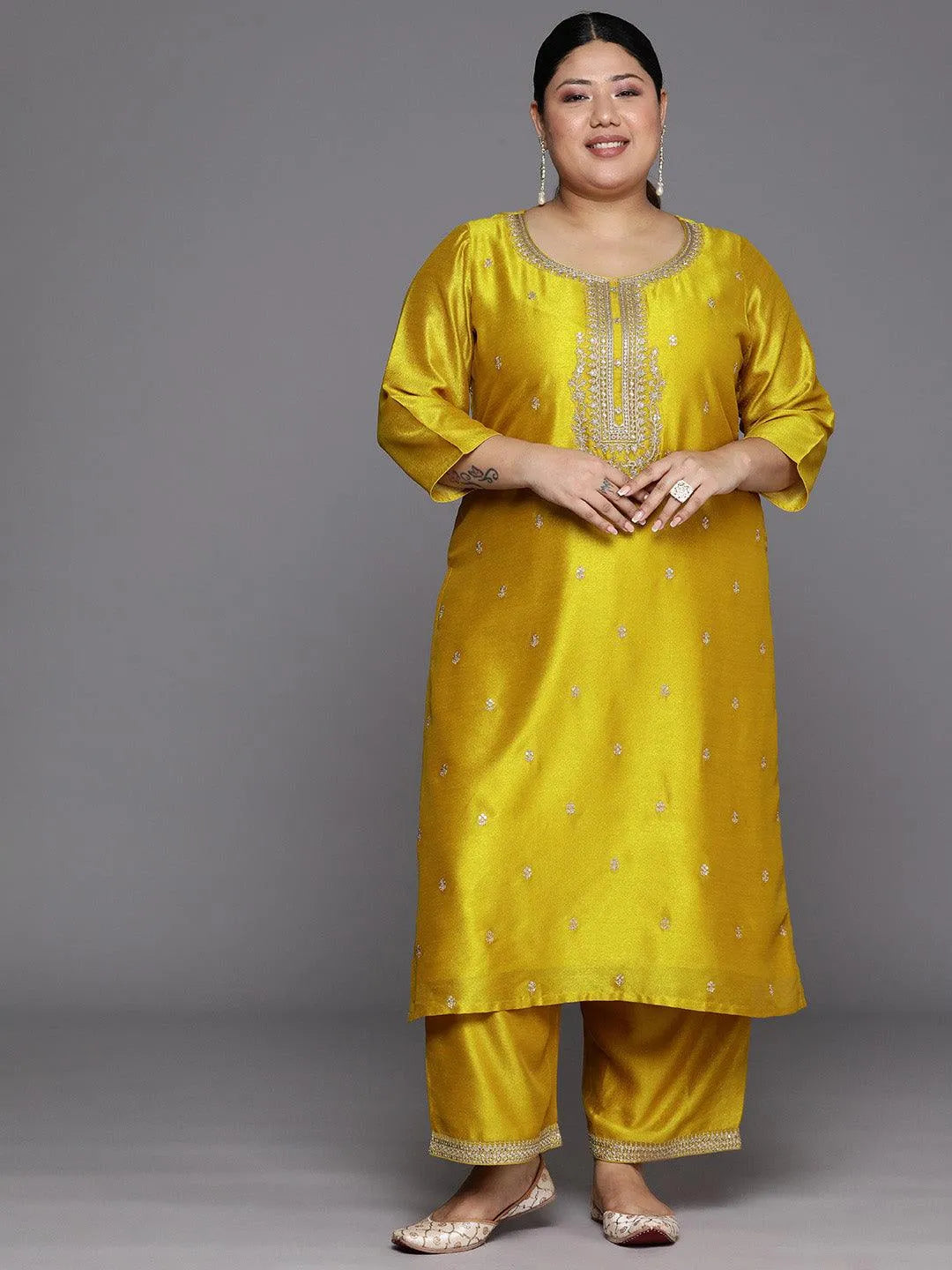 Plus Size Yellow Embroidered Silk Straight Kurta - Libas 