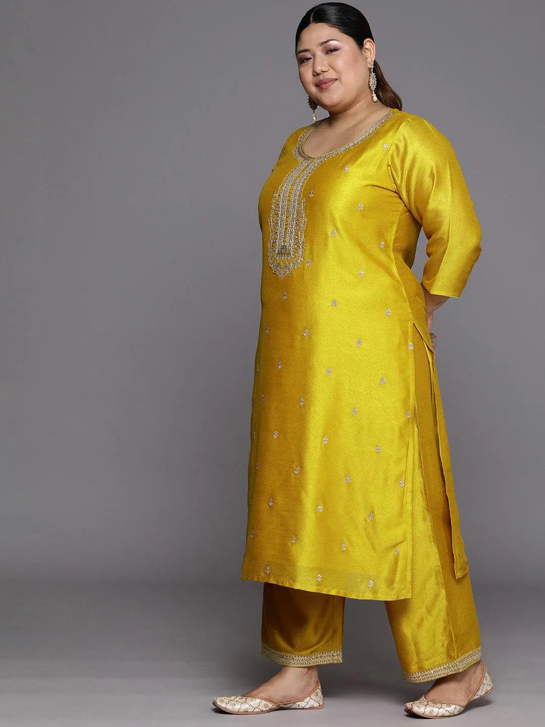 Plus Size Yellow Embroidered Silk Straight Kurta - Libas