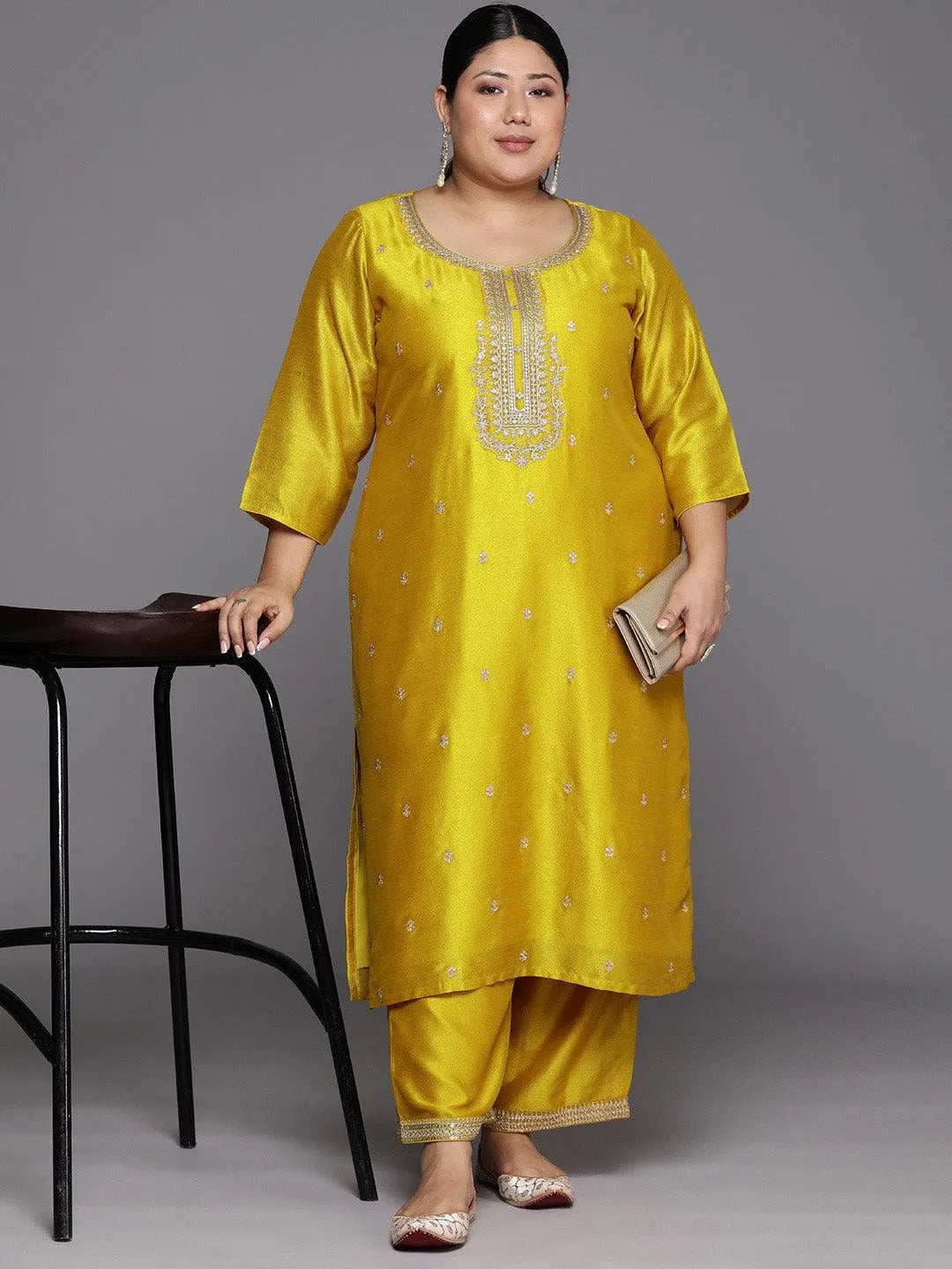 Plus Size Yellow Embroidered Silk Straight Kurta - Libas