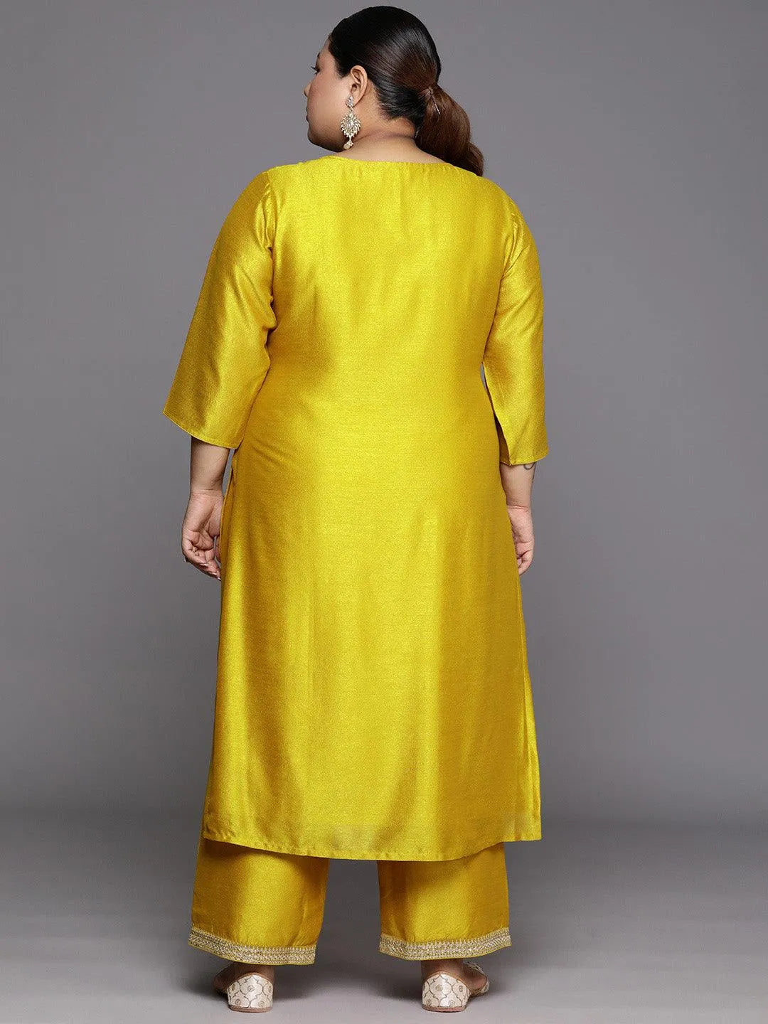 Plus Size Yellow Embroidered Silk Straight Kurta - Libas 