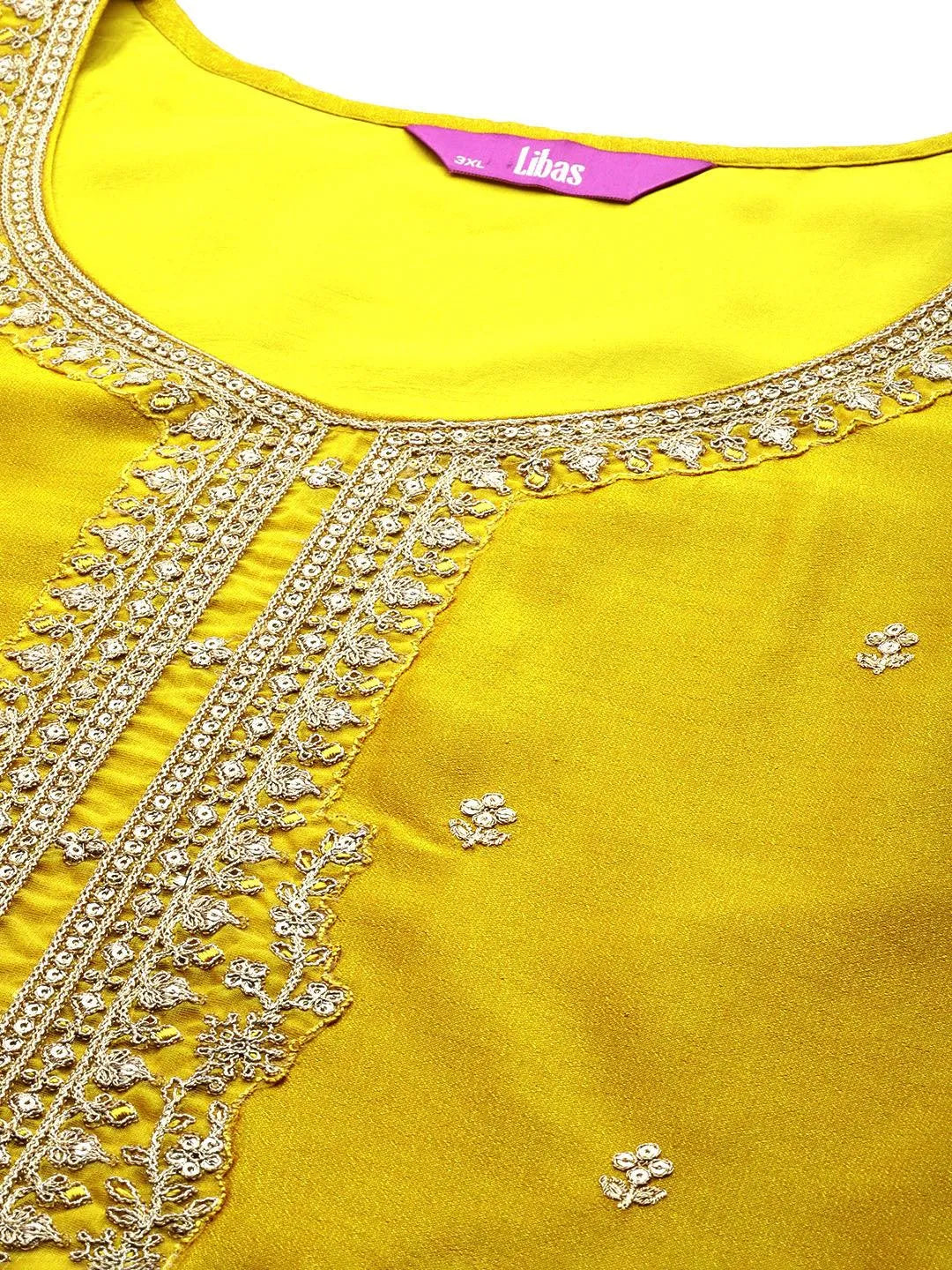 Plus Size Yellow Embroidered Silk Straight Kurta - Libas 