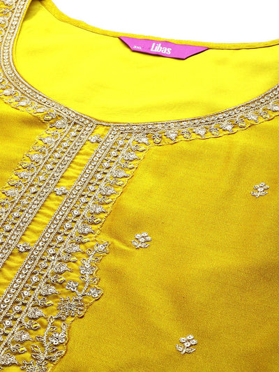Plus Size Yellow Embroidered Silk Straight Kurta - Libas