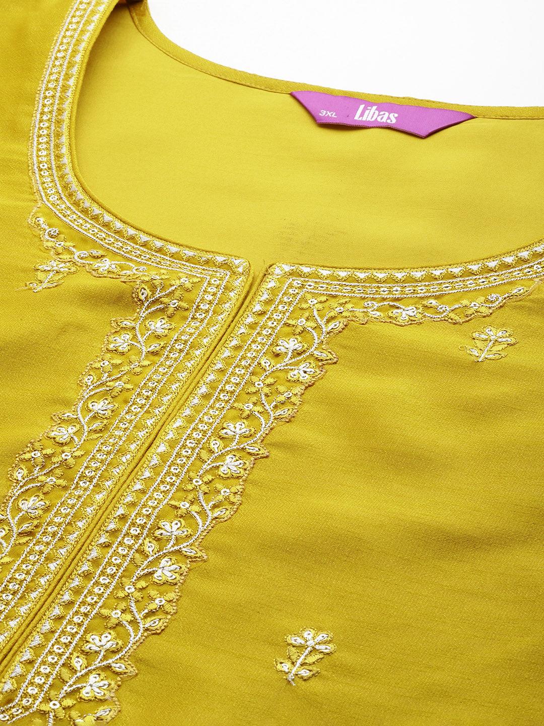 Plus Size Yellow Embroidered Silk Straight Kurta - Libas