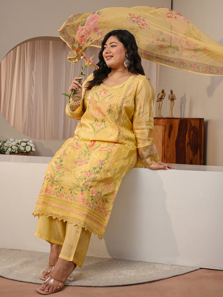 Plus Size Yellow Floral Embroidered Silk Blend Suit Set