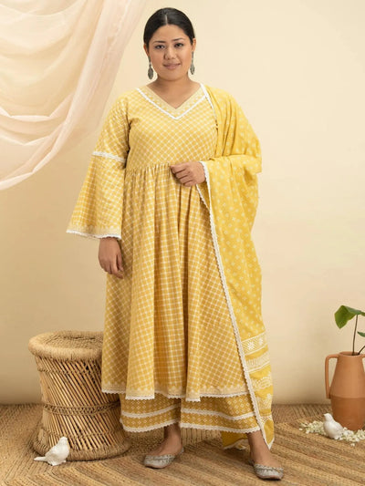 Plus Size Yellow Printed Cotton Suit Set - Libas