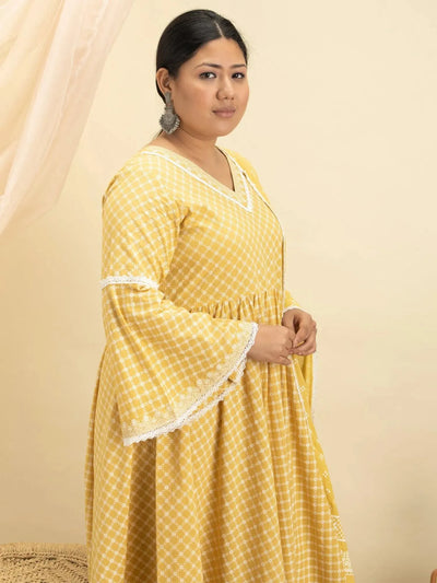 Plus Size Yellow Printed Cotton Suit Set - Libas