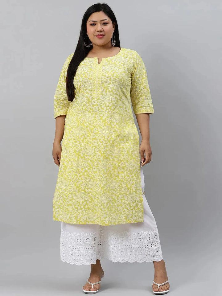 Plus Size Yellow Printed Cotton Kurta - Libas