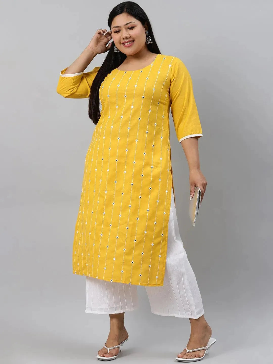 Plus Size Yellow Printed Cotton Kurta - Libas