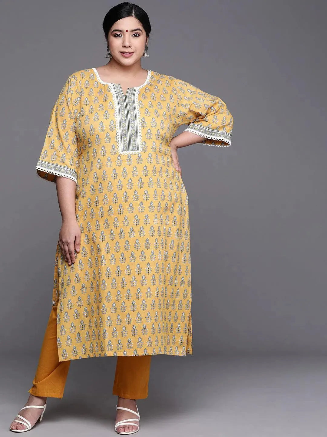 Plus Size Yellow Printed Cotton Kurta - Libas