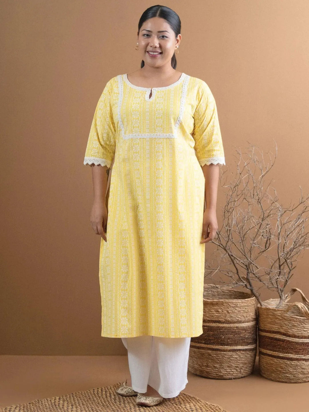 Plus Size Yellow Printed Cotton Kurta - Libas
