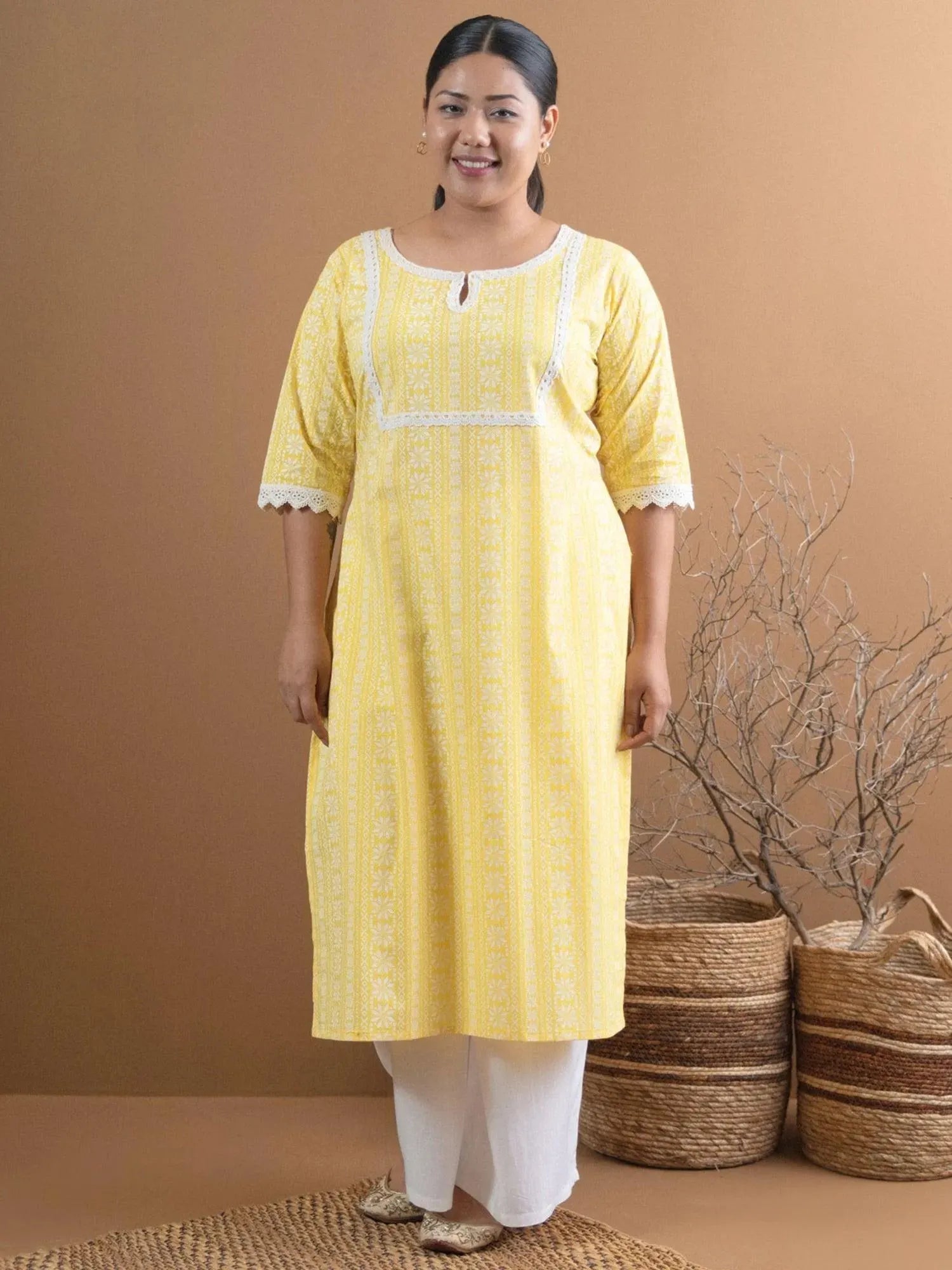 

Buy Plus Size Yellow Printed Cotton Kurta - 11019- | Libas Ethnic Wear Online