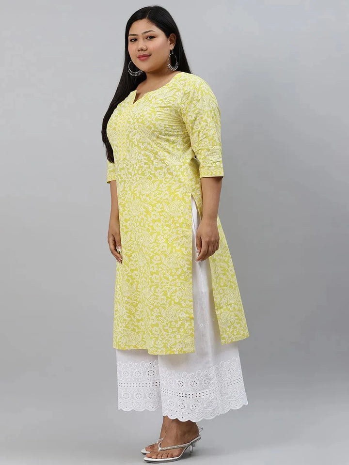 Plus Size Yellow Printed Cotton Kurta - Libas