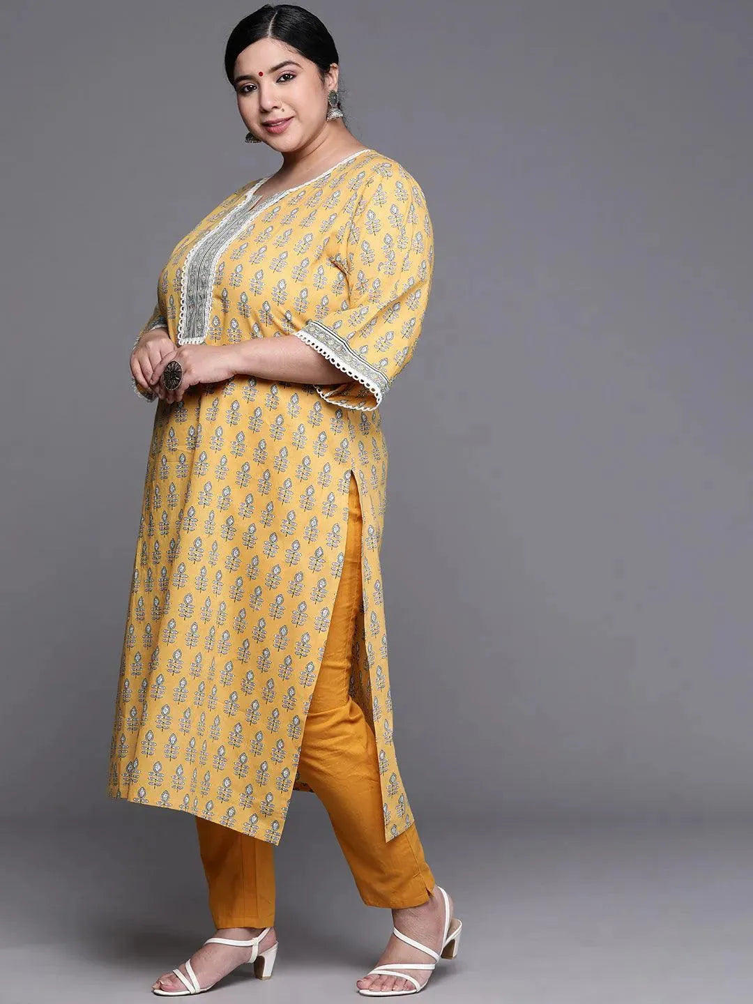 Plus Size Yellow Printed Cotton Kurta - Libas