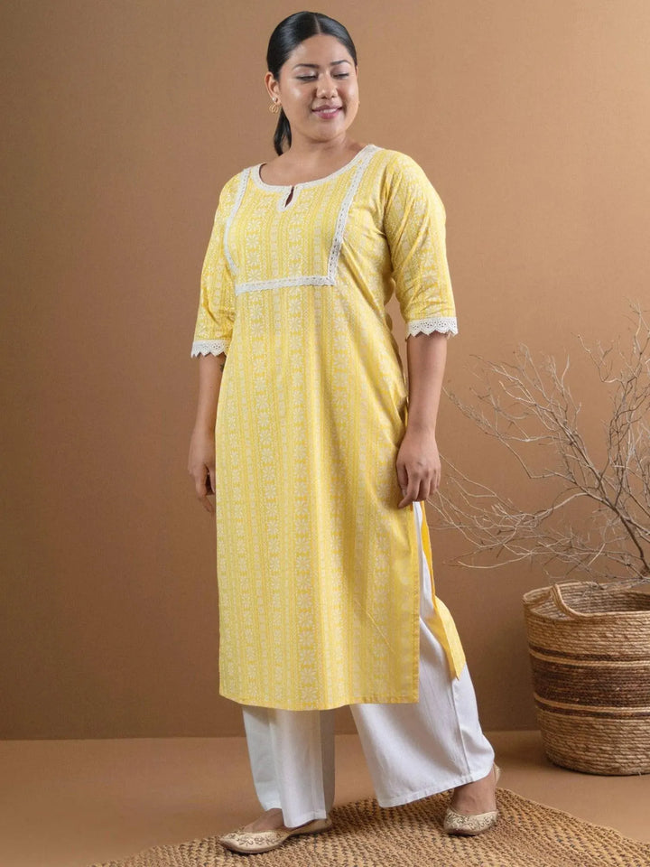 Plus Size Yellow Printed Cotton Kurta - Libas