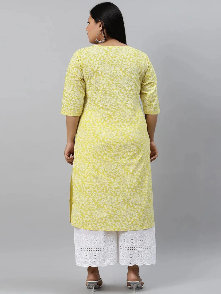 Plus Size Yellow Printed Cotton Kurta - Libas