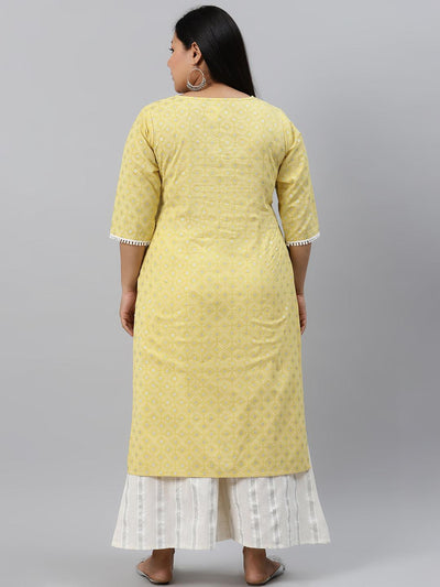Plus Size Yellow Printed Cotton Kurta - Libas
