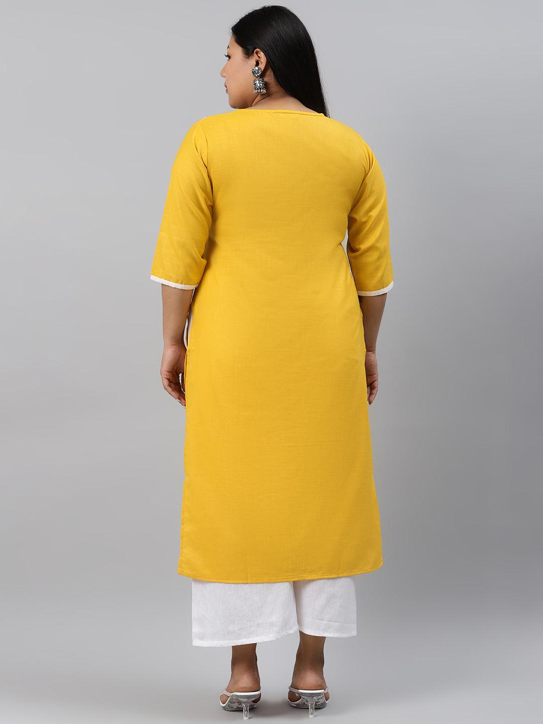 Plus Size Yellow Printed Cotton Kurta