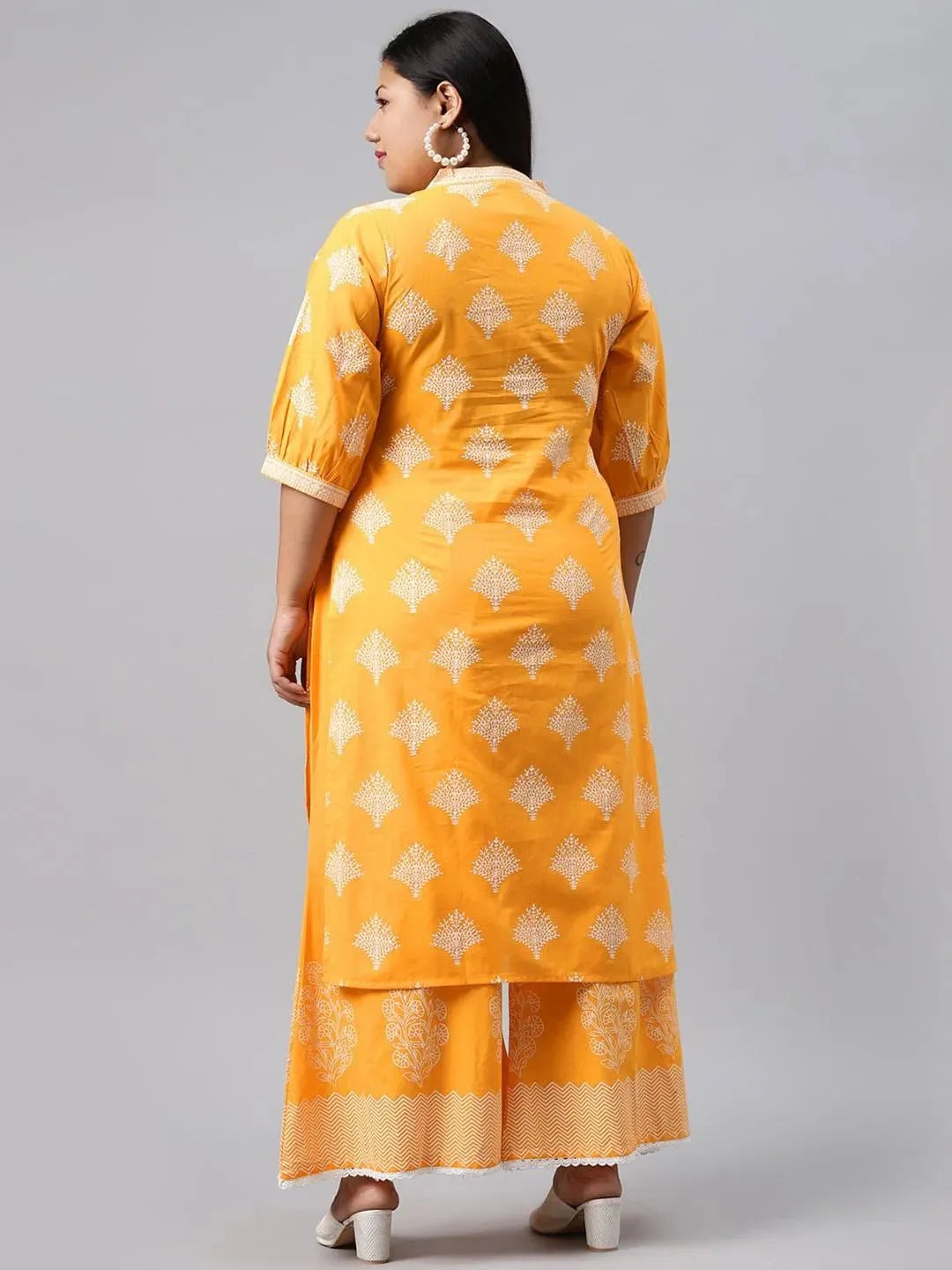Plus Size Yellow Printed Cotton Kurta - Libas 