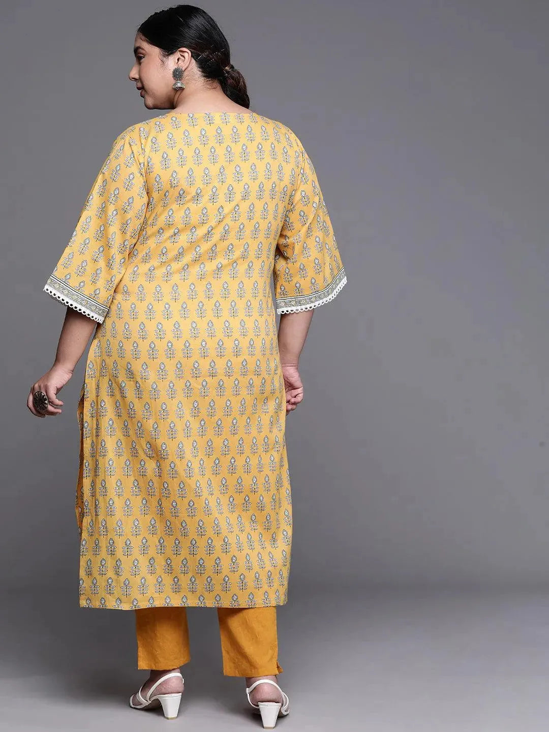 Plus Size Yellow Printed Cotton Kurta - Libas