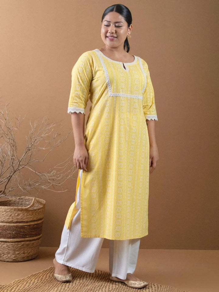 Plus Size Yellow Printed Cotton Kurta - Libas
