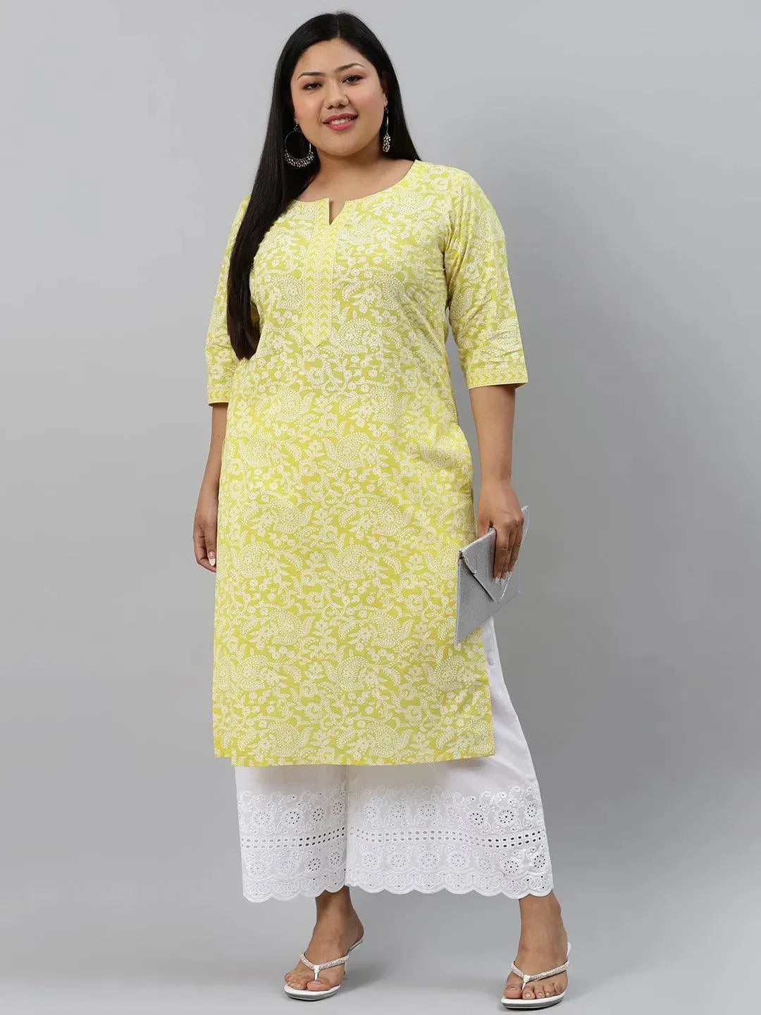 Plus Size Yellow Printed Cotton Kurta - Libas 