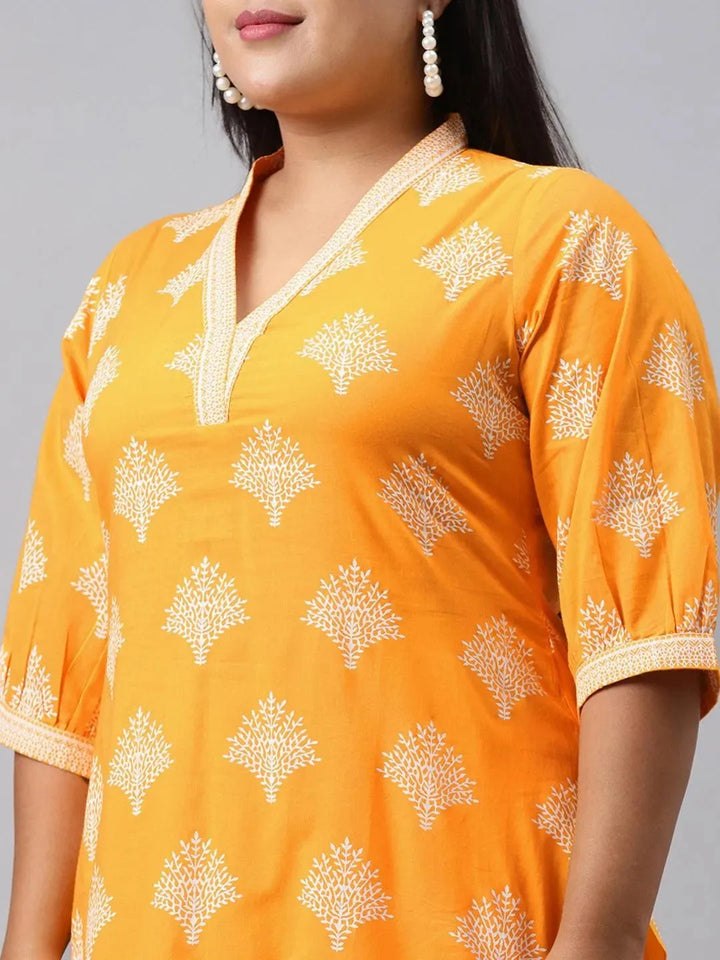 Plus Size Yellow Printed Cotton Kurta - Libas