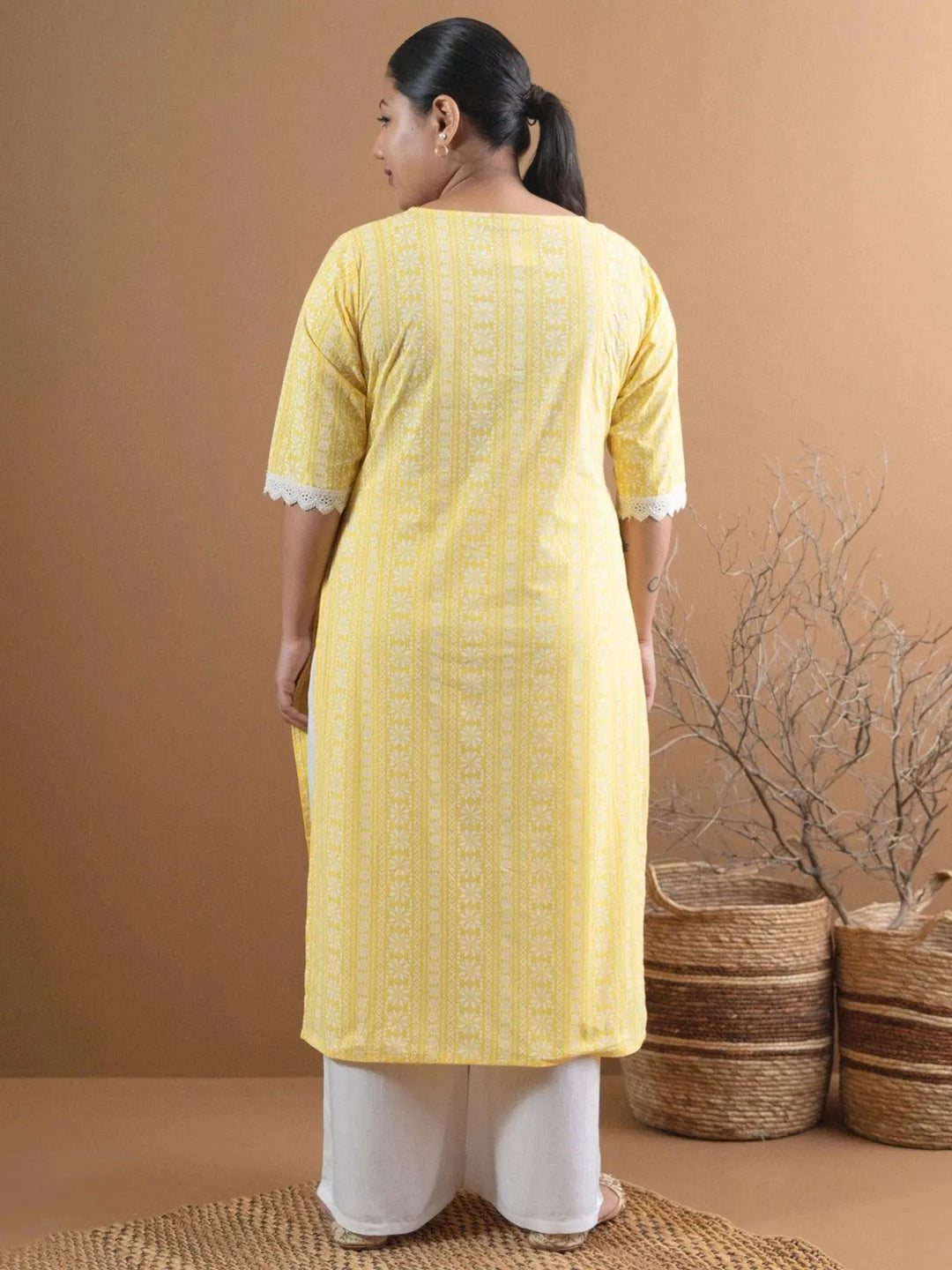 Plus Size Yellow Printed Cotton Kurta - Libas 