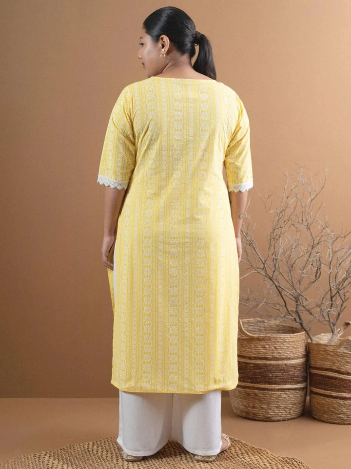 Plus Size Yellow Printed Cotton Kurta - Libas
