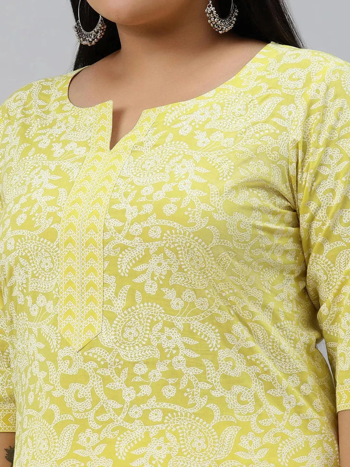 Plus Size Yellow Printed Cotton Kurta - Libas