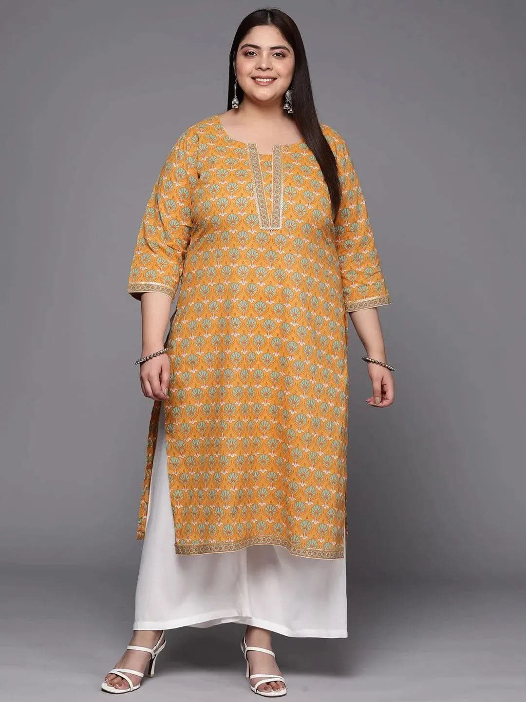 Yellow Printed Cotton Straight Kurta Set