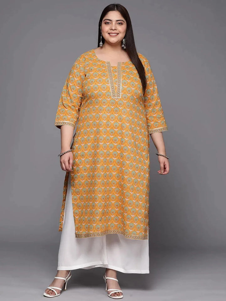 Plus Size Yellow Printed Cotton Straight Kurta - Libas