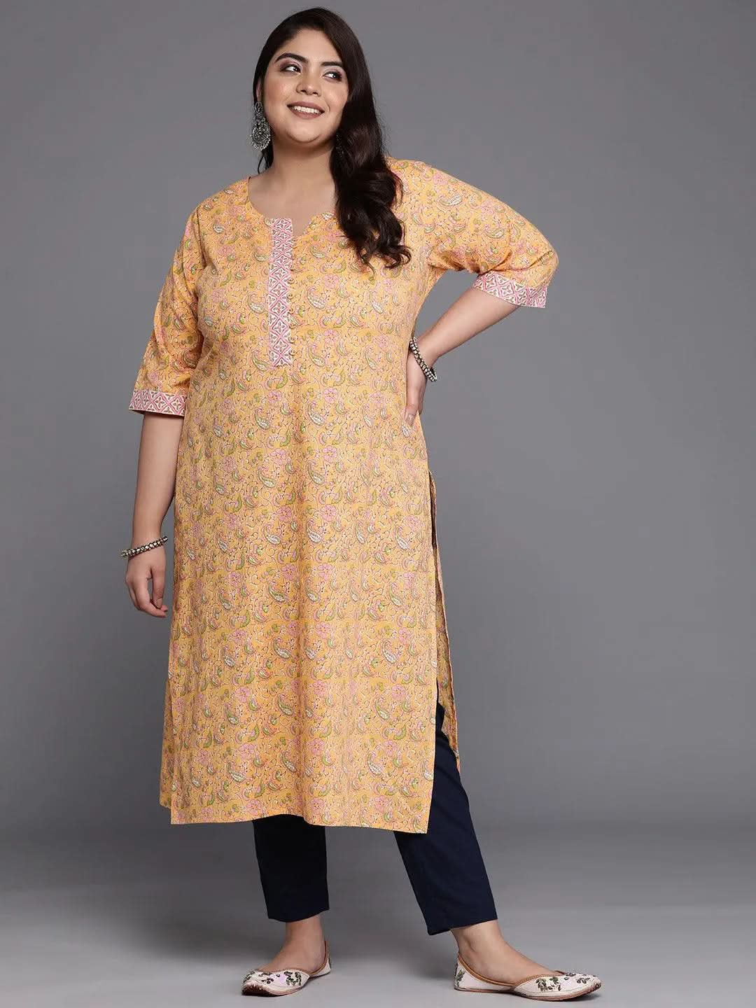 Plus Size Yellow Printed Cotton Straight Kurta - Libas 
