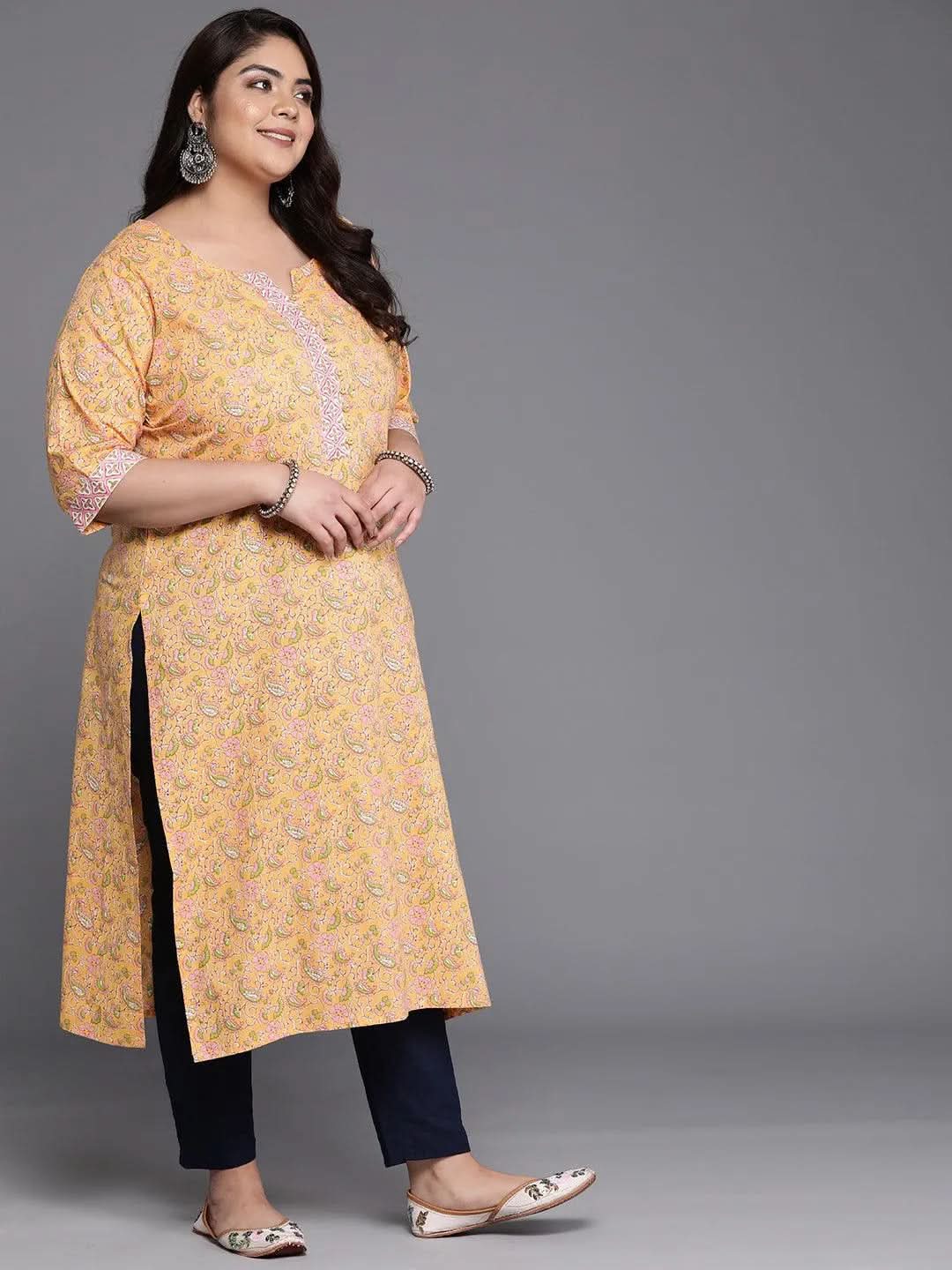 Plus Size Yellow Printed Cotton Straight Kurta - Libas 