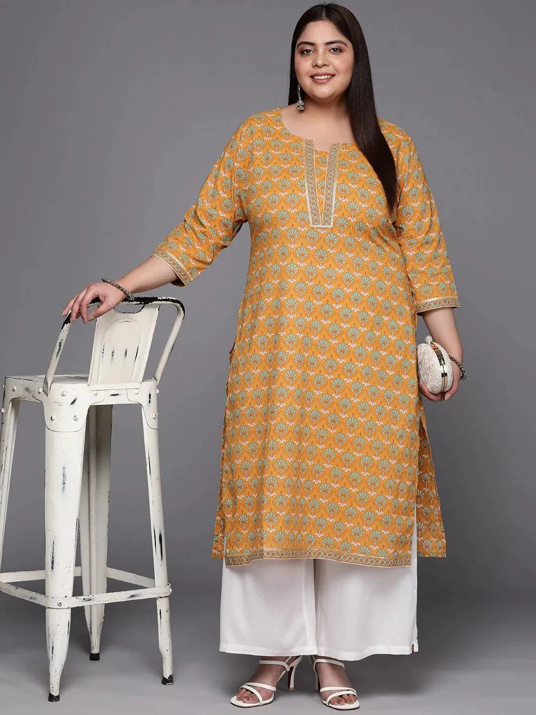 Plus Size Yellow Printed Cotton Straight Kurta - Libas