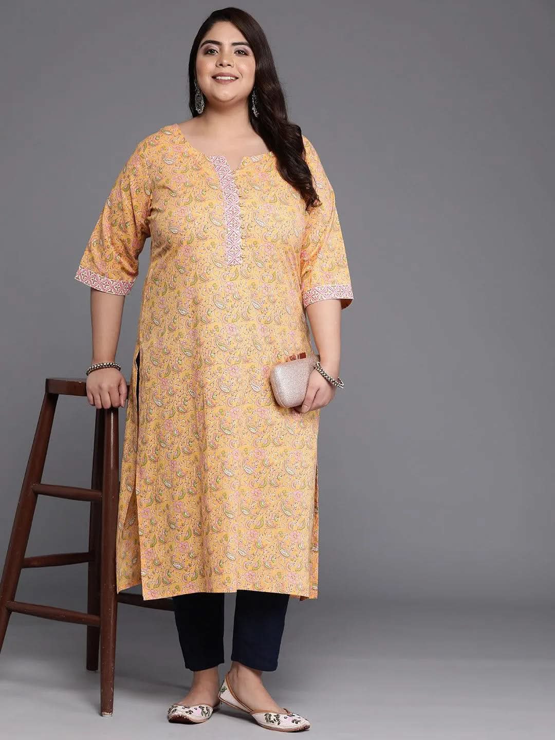 Plus Size Yellow Printed Cotton Straight Kurta - Libas 