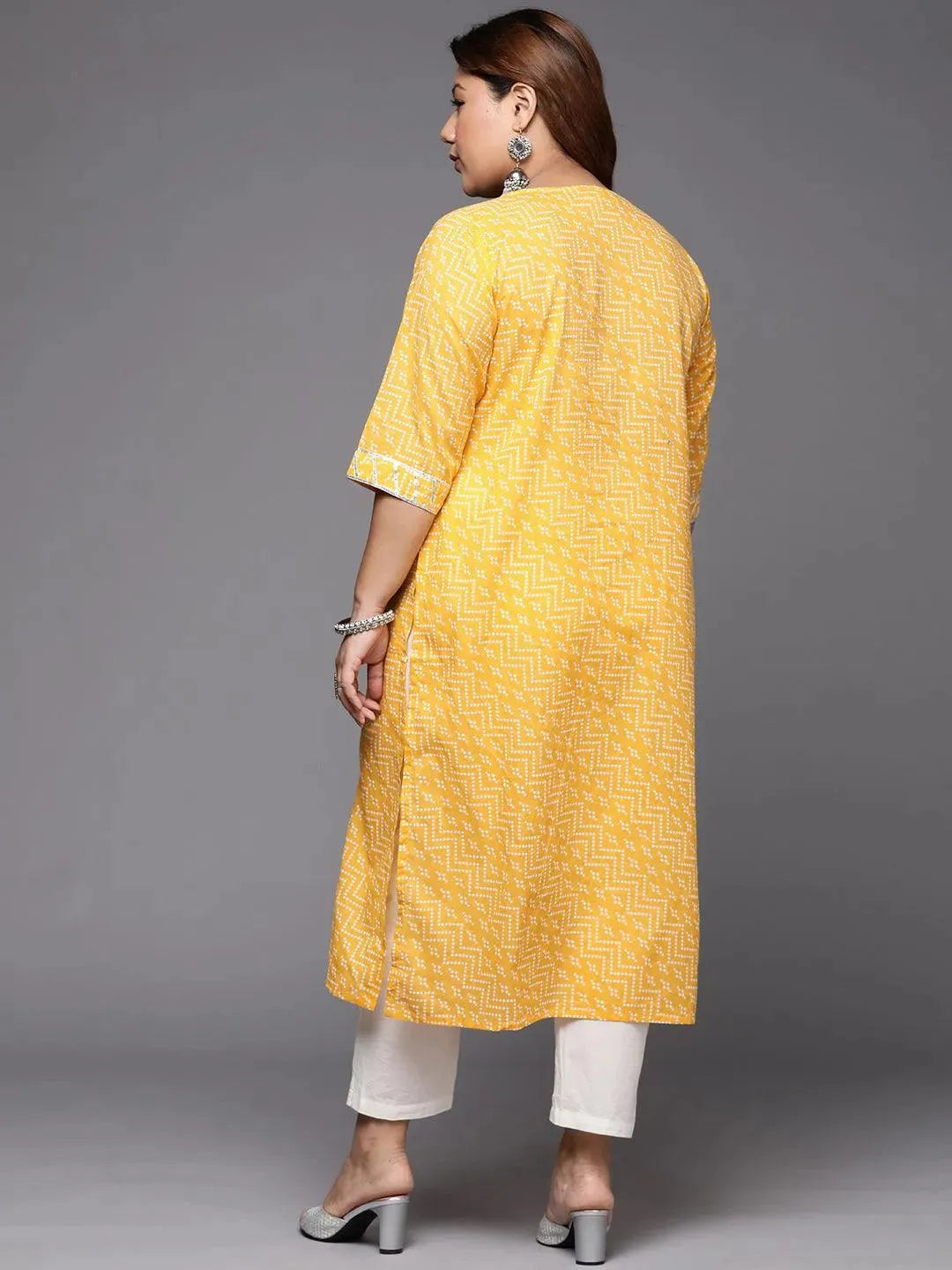 Plus Size Yellow Printed Cotton Straight Kurta - Libas 